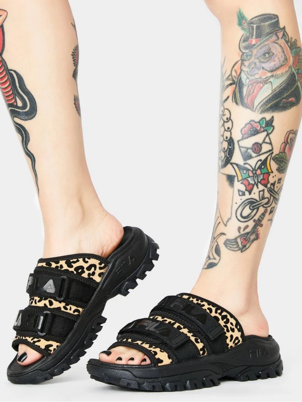 FILA Black and Leopard Print Platform Sandals